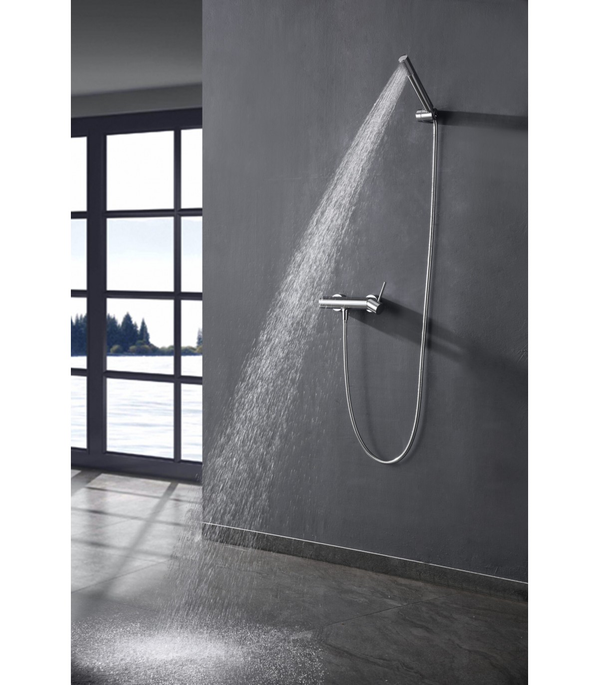 Grifo de bañera y ducha termostático color gris mate y champagne de 30,6 cm  Line